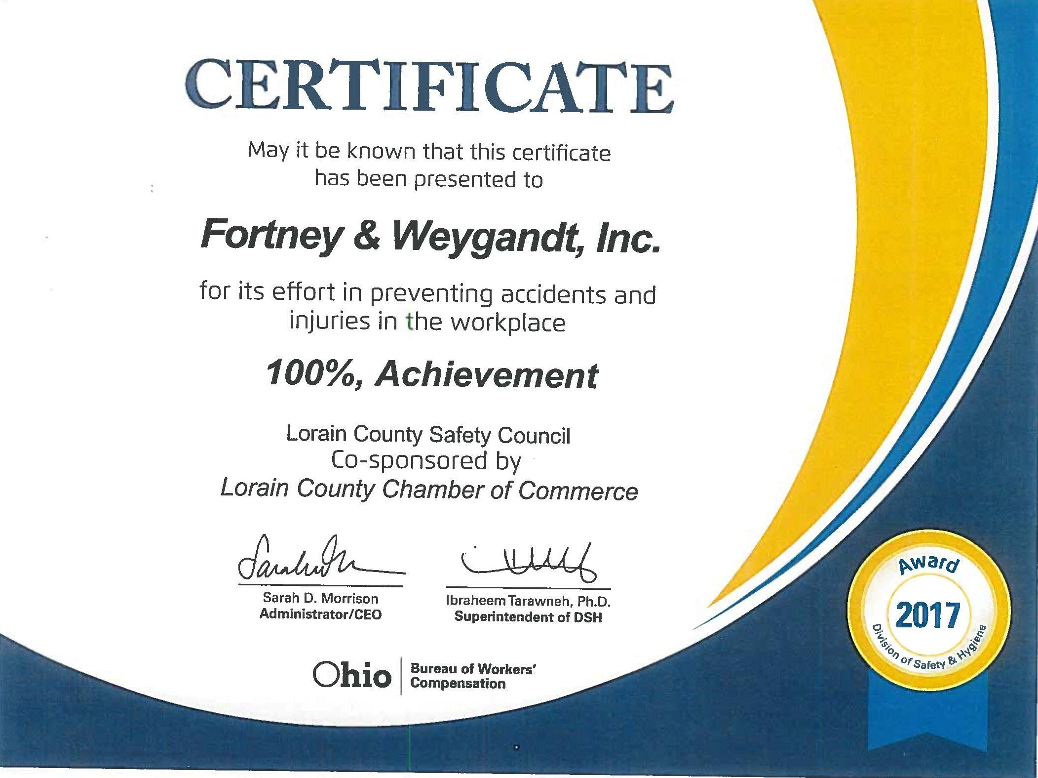F&W Receives Ohio Bureau of Workers Compensation Safety Award